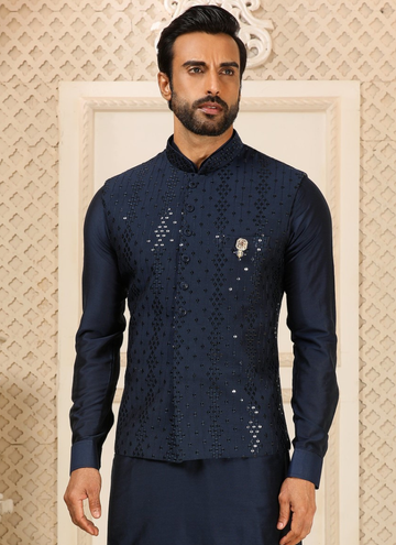 Sequence Work Navy Blue Nehru Jacket With Bottom In Art Silk